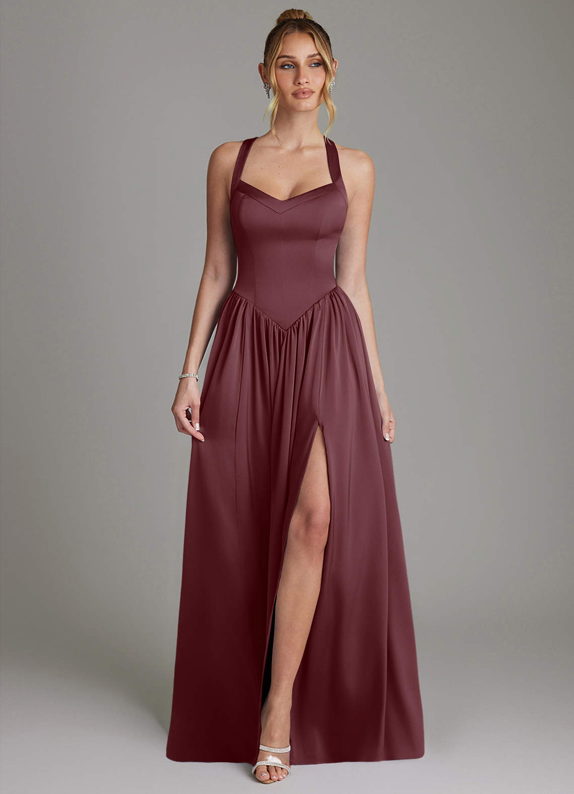 Francis A-Line V-Neck Stretch Satin Bridesmaid Dress in Sangria