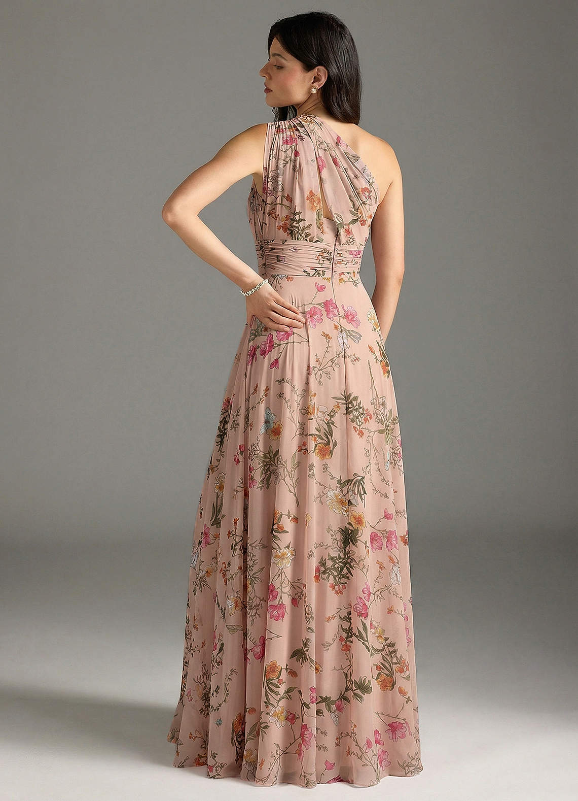 Charlize A-Line One-Shoulder Chiffon Bridesmaid Dress in Rose Petal Floral