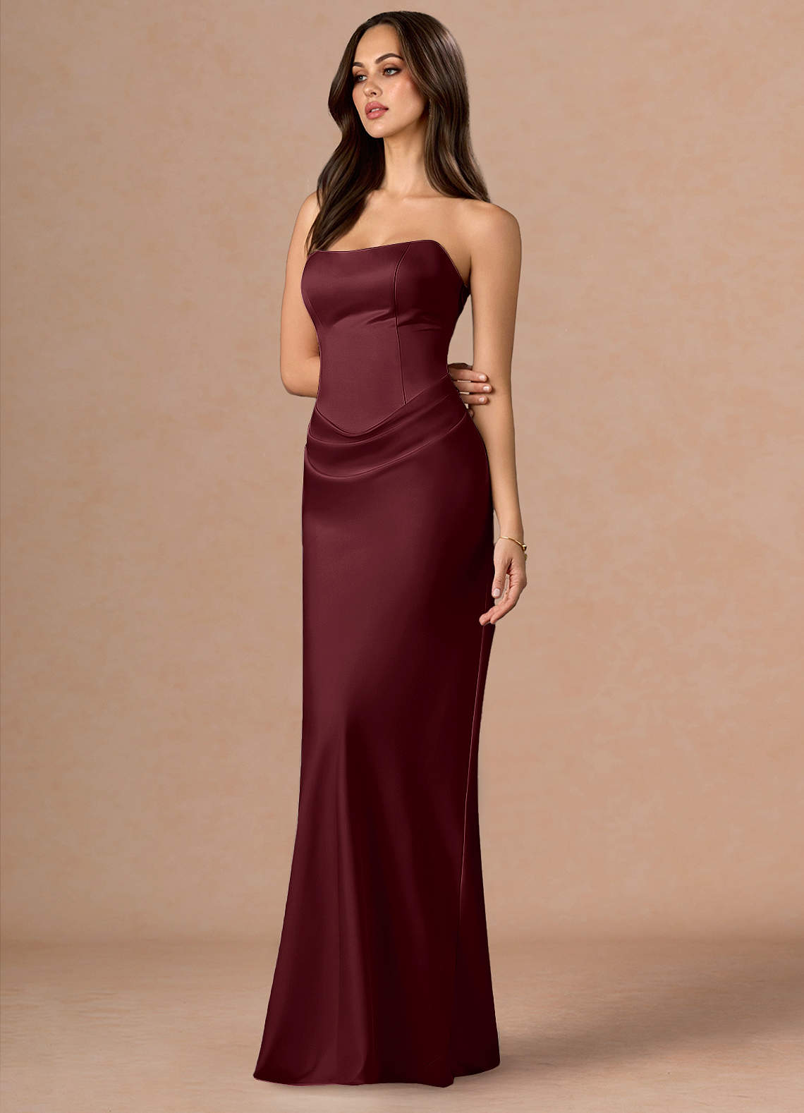 Valencia Scarf Lace-Up Stretch Satin Evening Dress in Wine