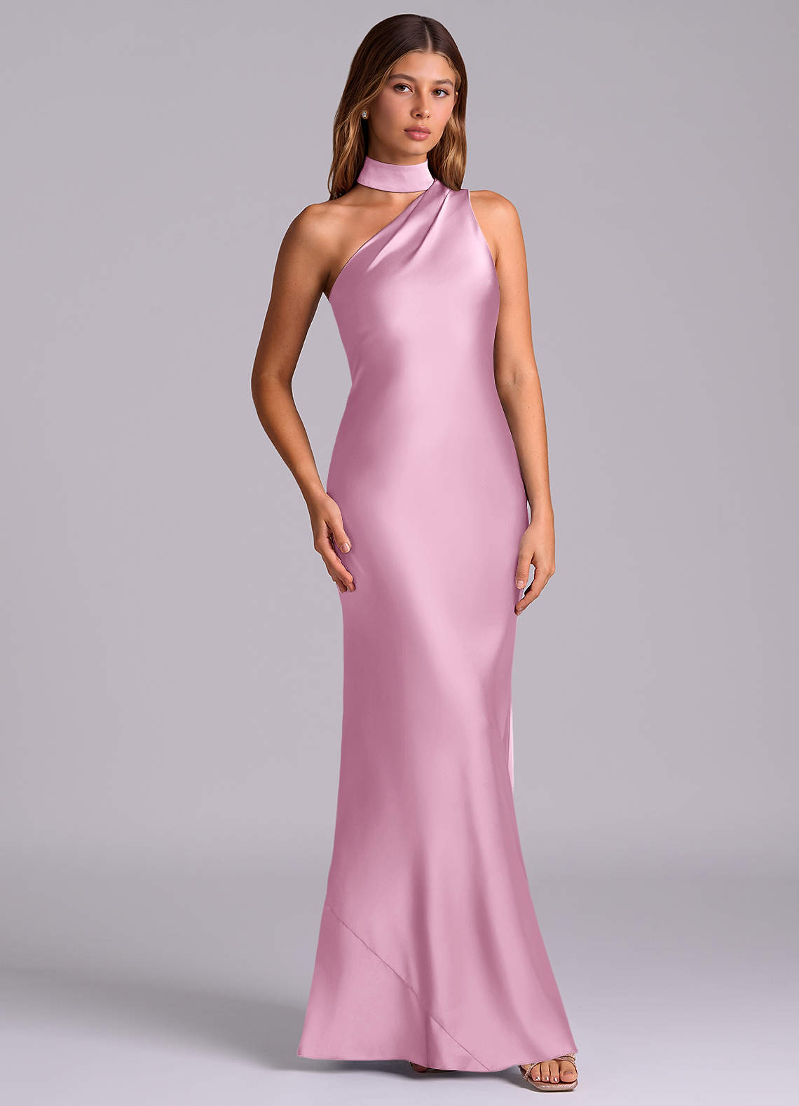 Seona Mermaid One-Shoulder Stretch Satin and Tulle Bridesmaid Dress in candy pink