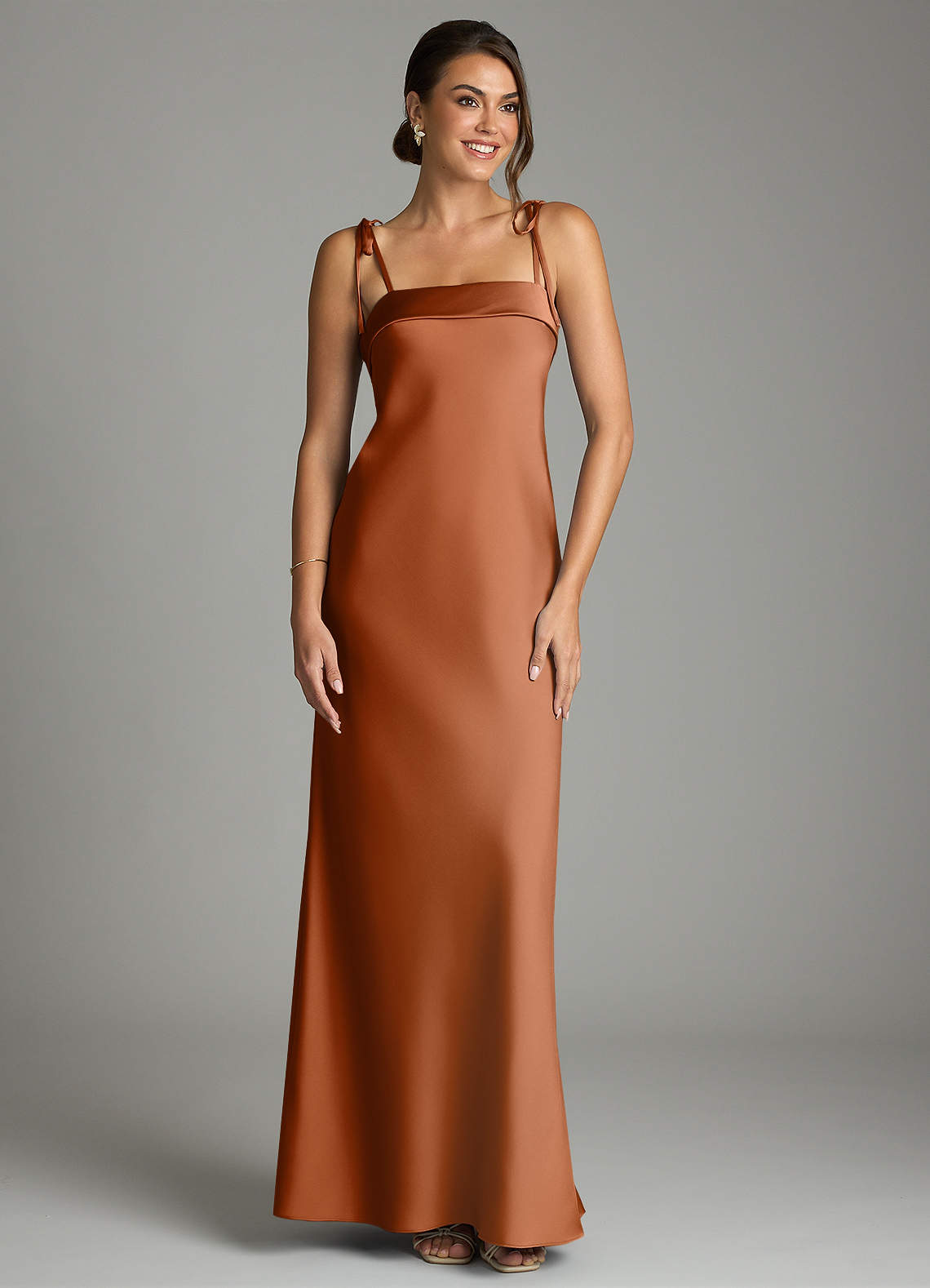 Ellia Sheath Straight-Neck Stretch Satin Bridesmaid Dress in Copper