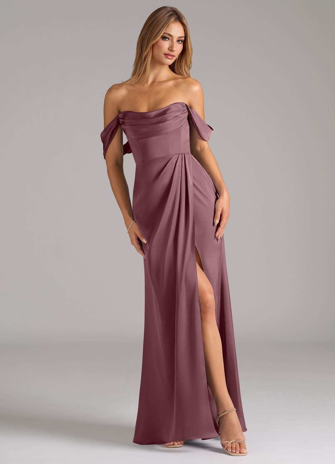 Johana Mermaid Off-the-Shoulder Stretch Satin Bridesmaid Dress in Amethyst