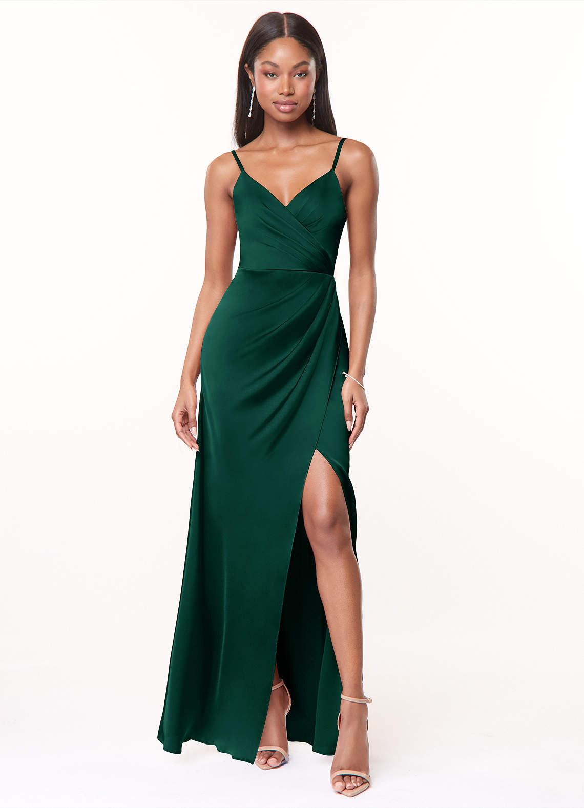 Maci A-Line V-Neck Stretch Satin Bridesmaid Dress in Emerald
