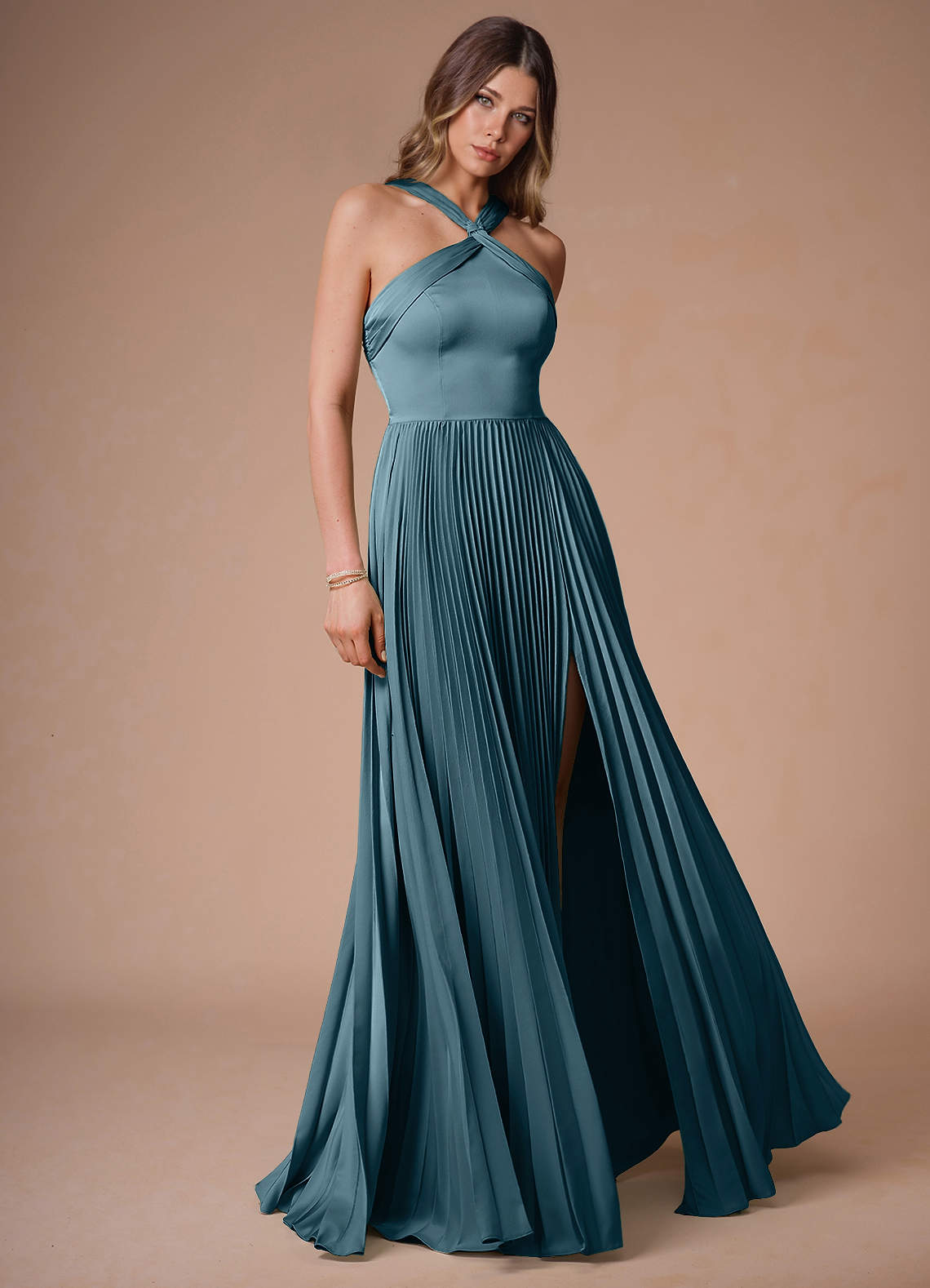 Afra A-Line Pleated Stretch Satin Wedding Guest Dress in Azure Blue
