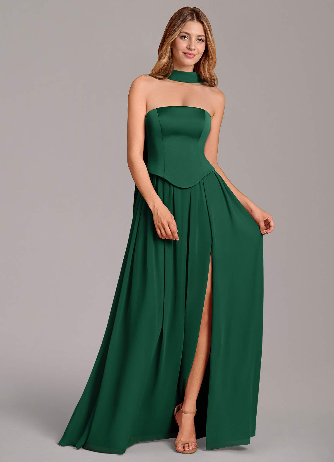 Cadence A-Line Strapless Chiffon and Stretch Satin Bridesmaid Dress in Dark Green