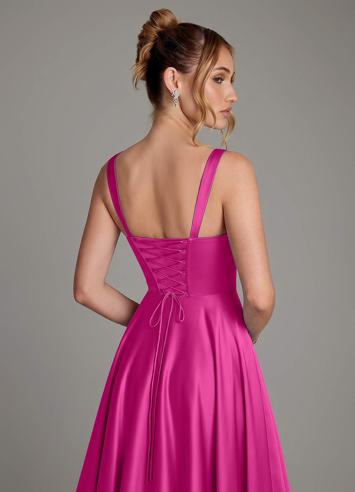 Azaria A-Line Square-Neck Stretch Satin Bridesmaid Dress in Fuchsia