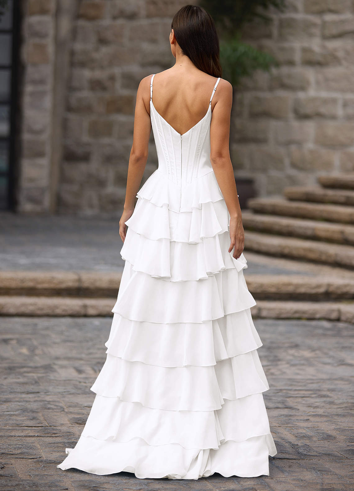 Floralace A-Line Ruffle Chiffon Evening Dress in White