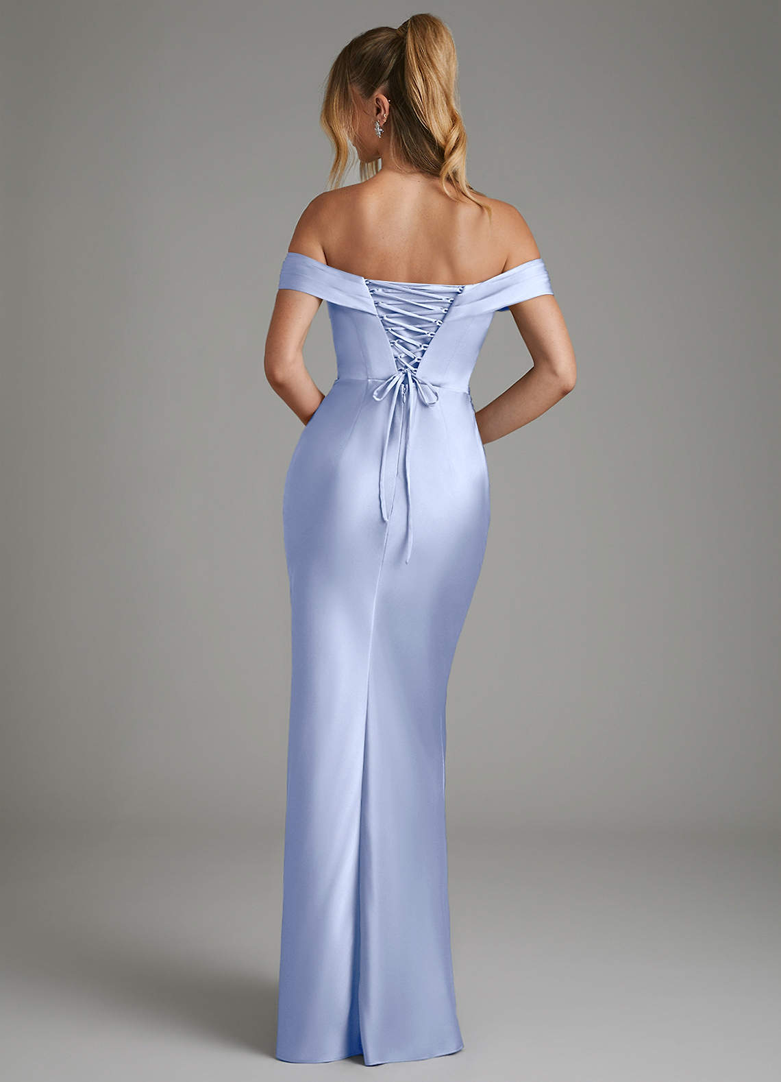 Hayden Mermaid Off-the-Shoulder Stretch Satin Bridesmaid Dress in Ice