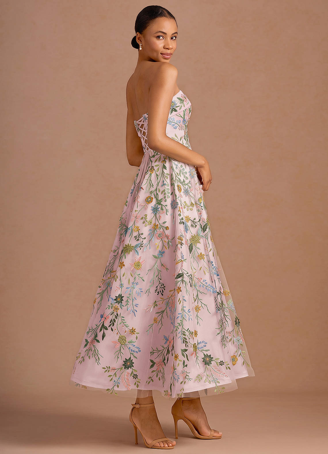 Evangeline Strapless Corset Floral Lace Evening Dress in candy pink