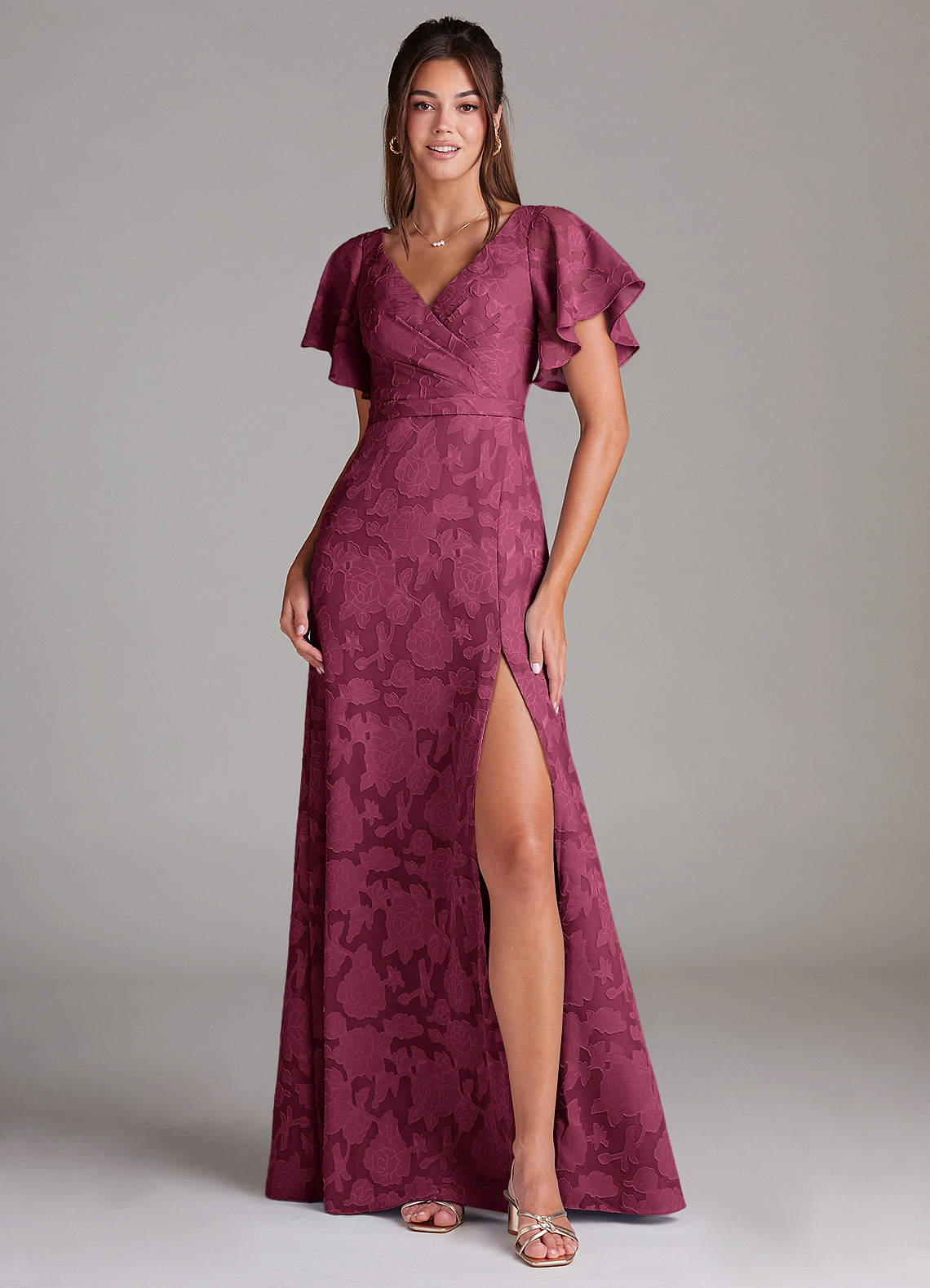 Ambrosia A-Line V-Neck Floral Burnout Bridesmaid Dress in Mulberry