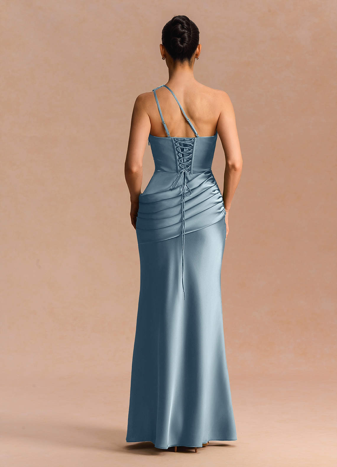 Guinevere One-Shoulder Cutout Stretch Satin Evening Dress in Dusty Blue