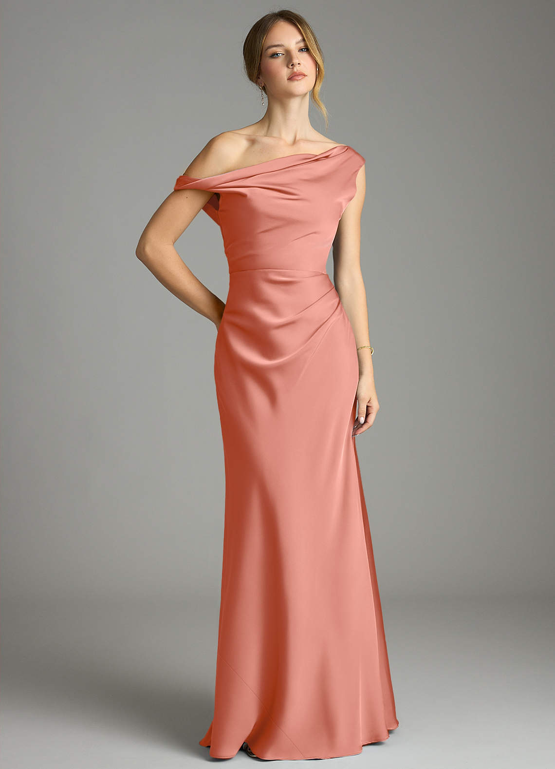 Emerson Mermaid One-Shoulder Stretch Satin Bridesmaid Dress in Salmon Pink