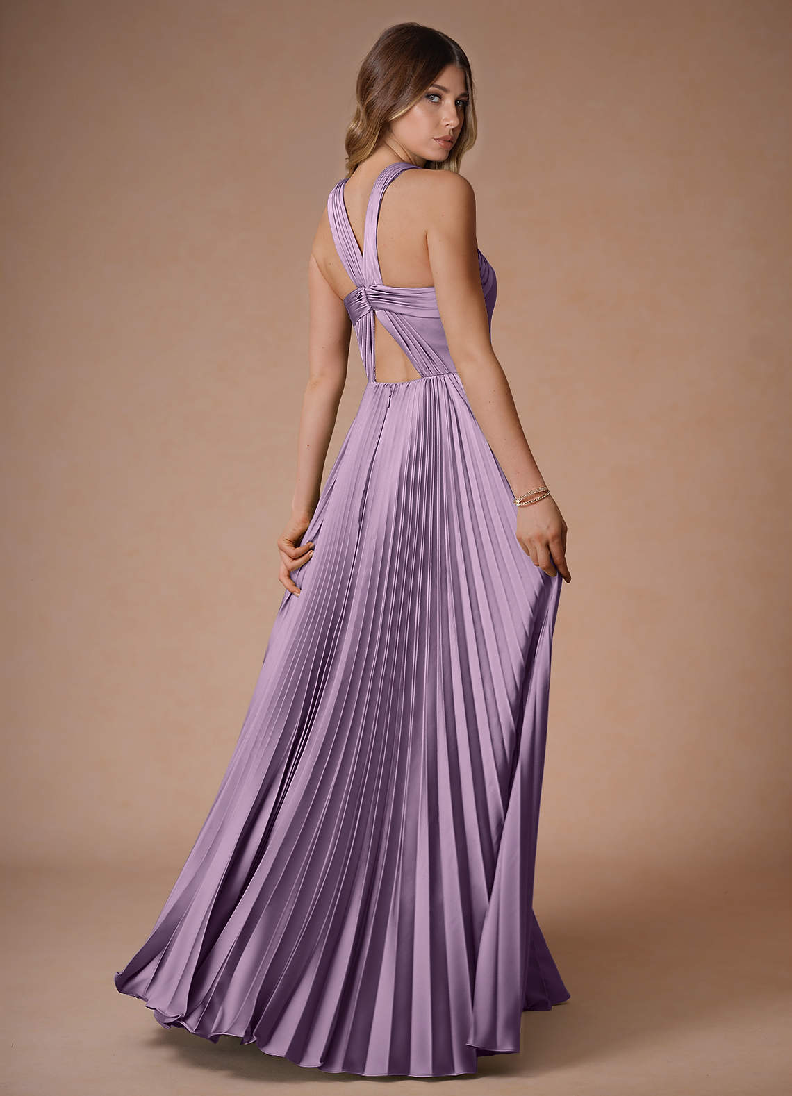 Afra A-Line Pleated Stretch Satin Wedding Guest Dress in Frosted Lilac