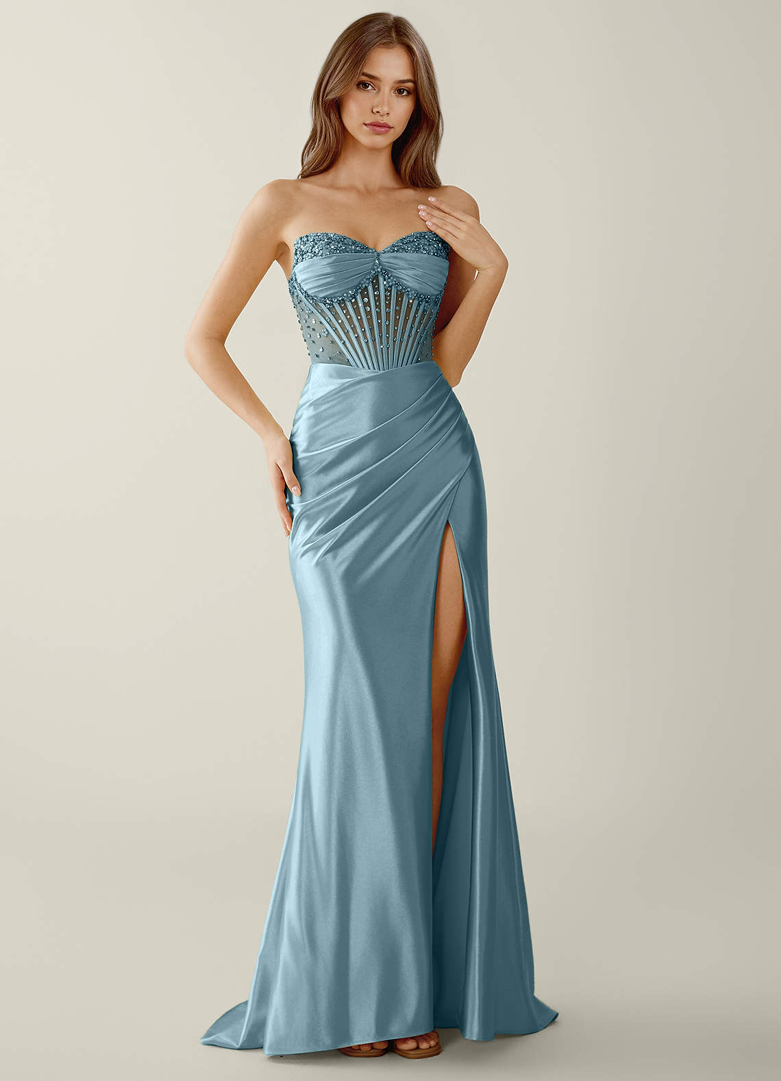 Willa Mermaid Strapless Sequined Satin Evening Dress in dusty blue