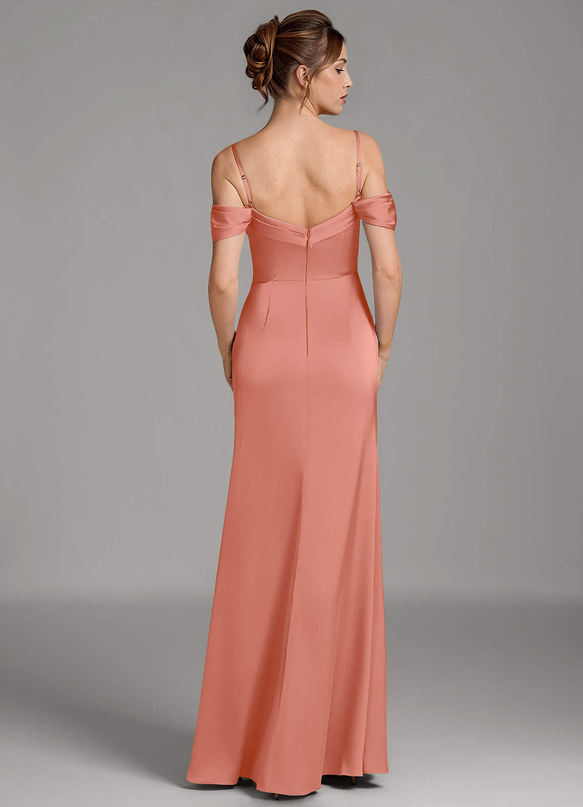 Wyatt Mermaid Off-the-Shoulder Stretch Satin Bridesmaid Dress in Salmon Pink