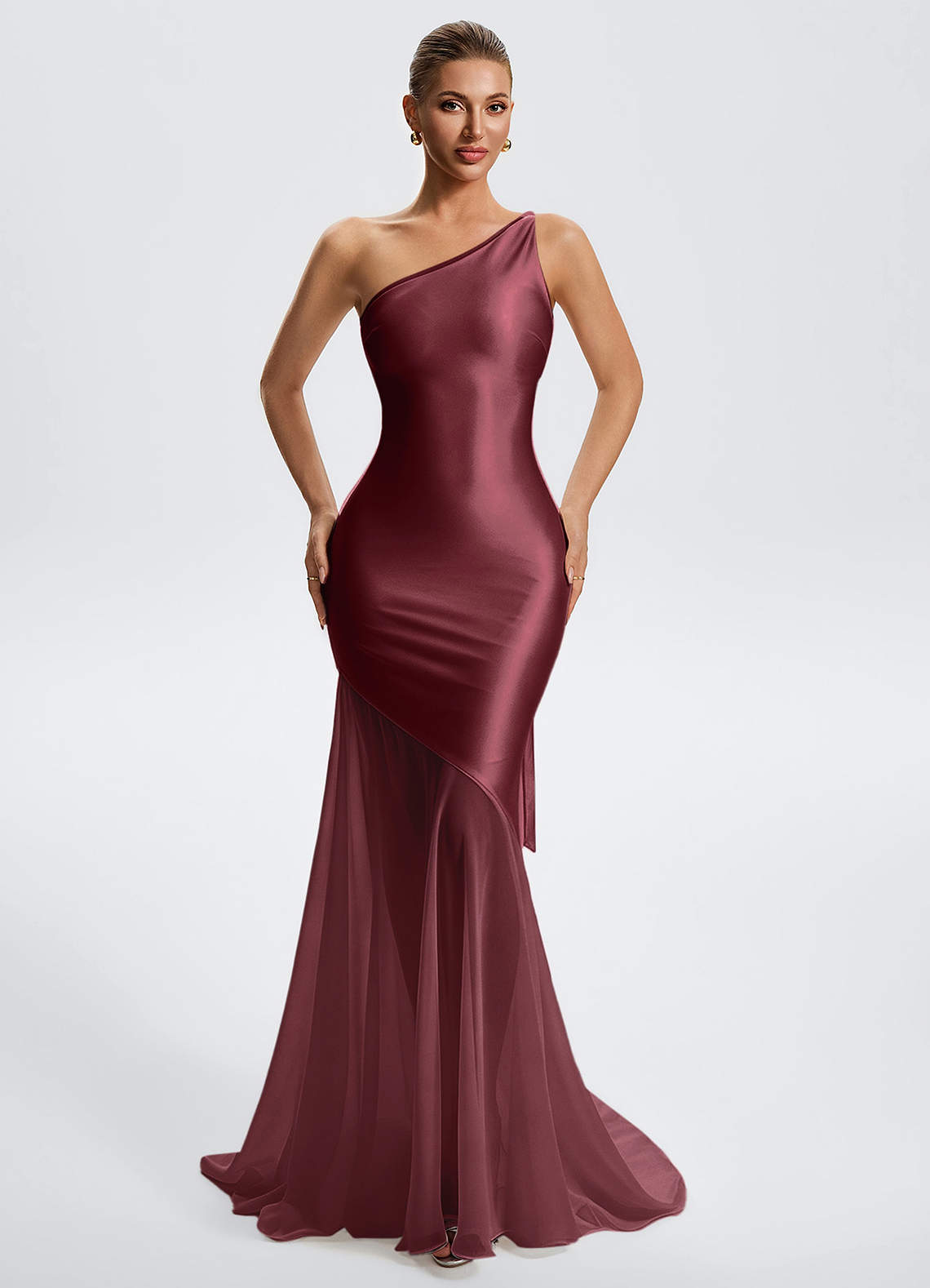 Idalia White Mermaid One-Shoulder Chiffon-Overlay Evening Dress in Cabernet