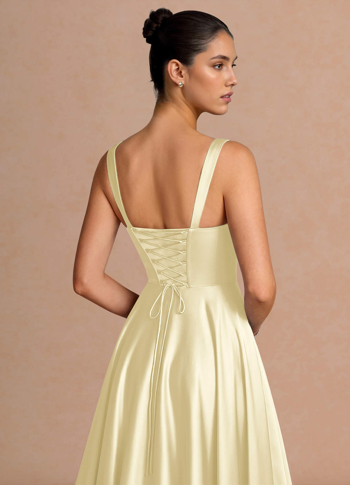 Azaria A-Line Square-Neck Stretch Satin Wedding Guest Dress in Butter Yellow