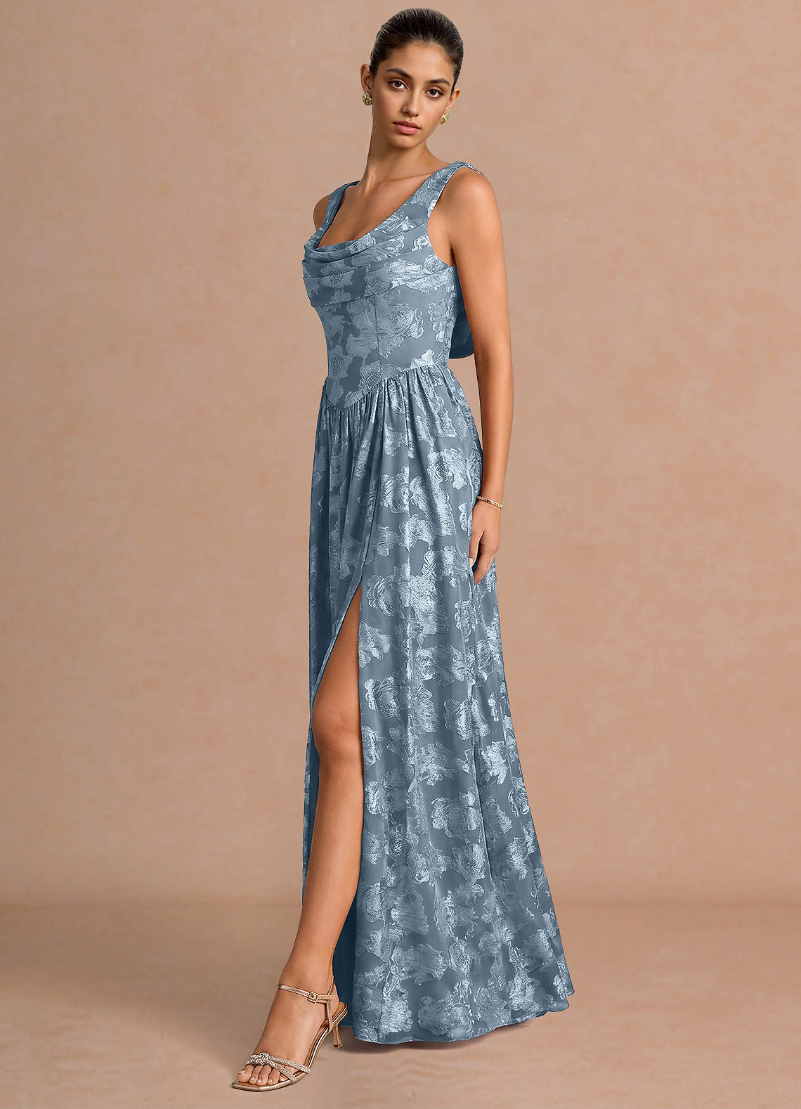 Novi A-Line Draped-Neck Floral Fil Coupé Evening Dress in Dusty Blue
