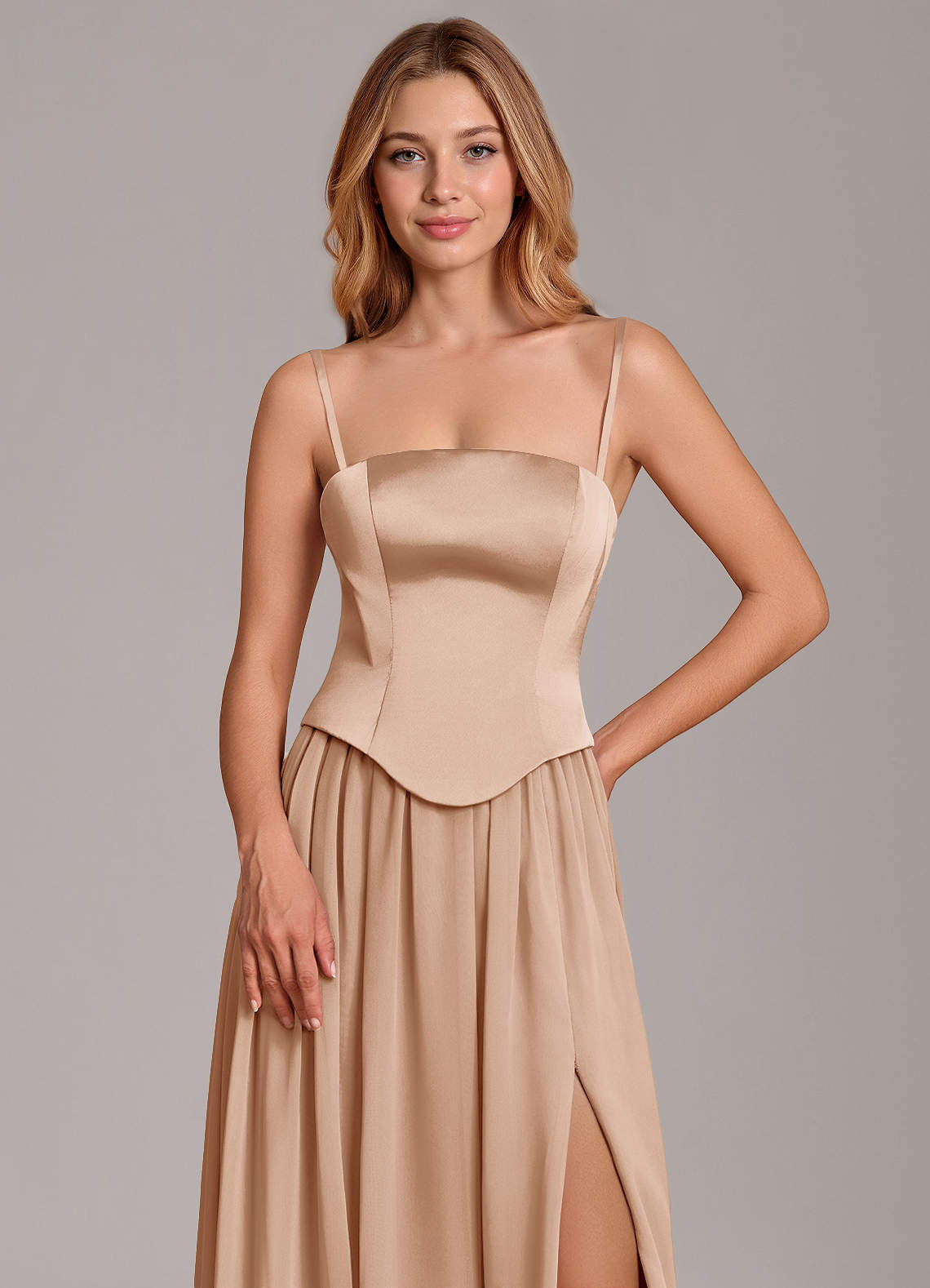 Cadence A-Line Strapless Chiffon and Stretch Satin Bridesmaid Dress in English Rose