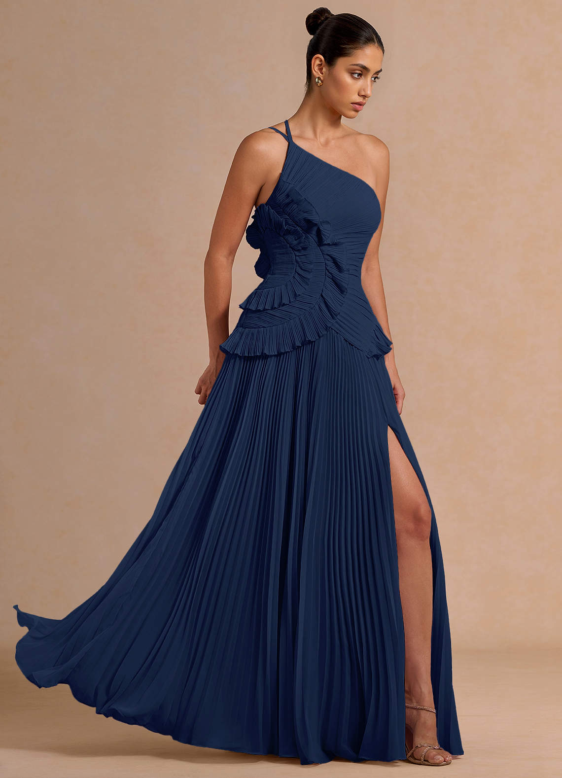 Melody A-Line One-Shoulder Chiffon Evening Dress in Navy