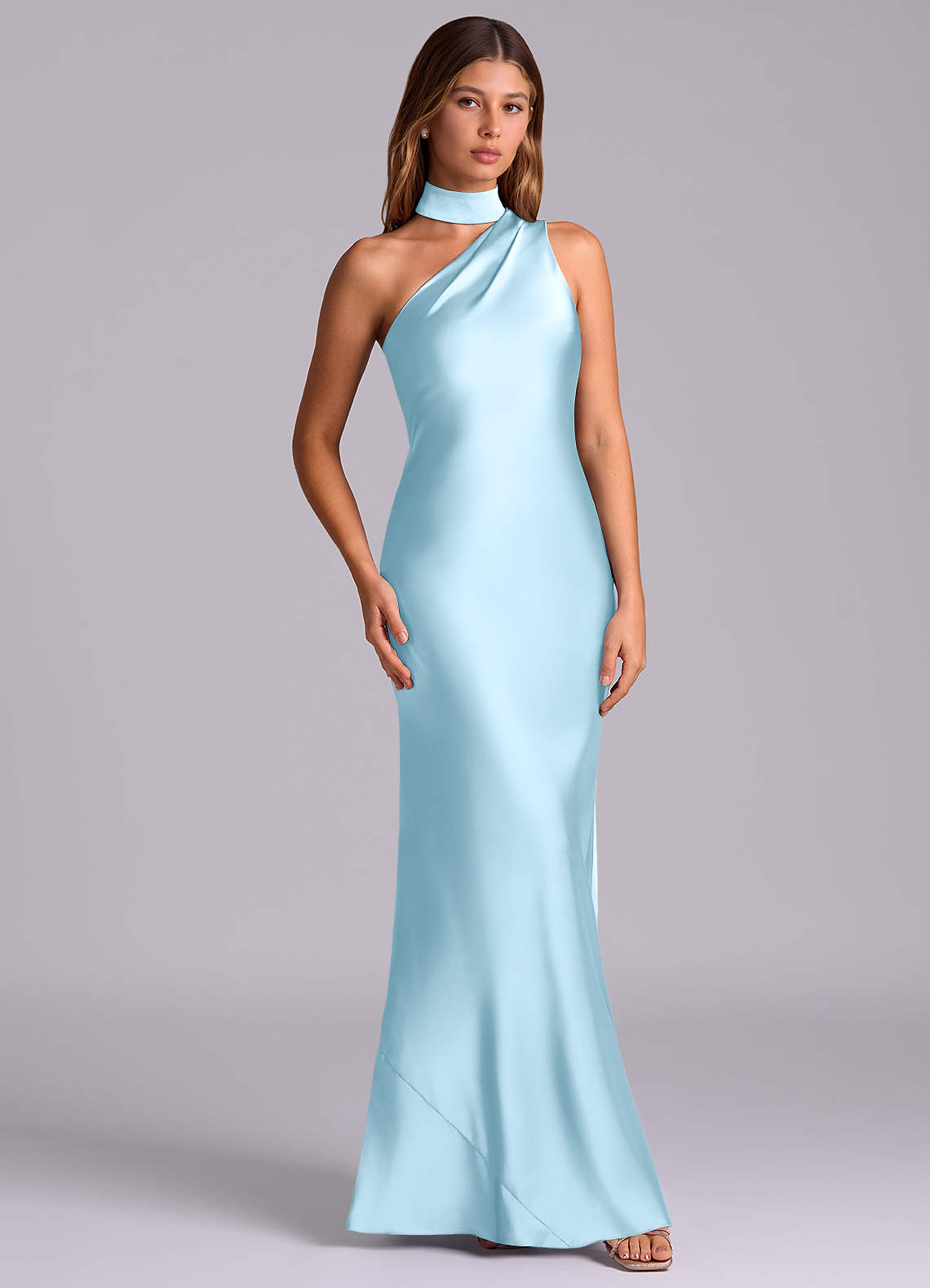 Seona Mermaid One-Shoulder Stretch Satin and Tulle Bridesmaid Dress in Sky Blue