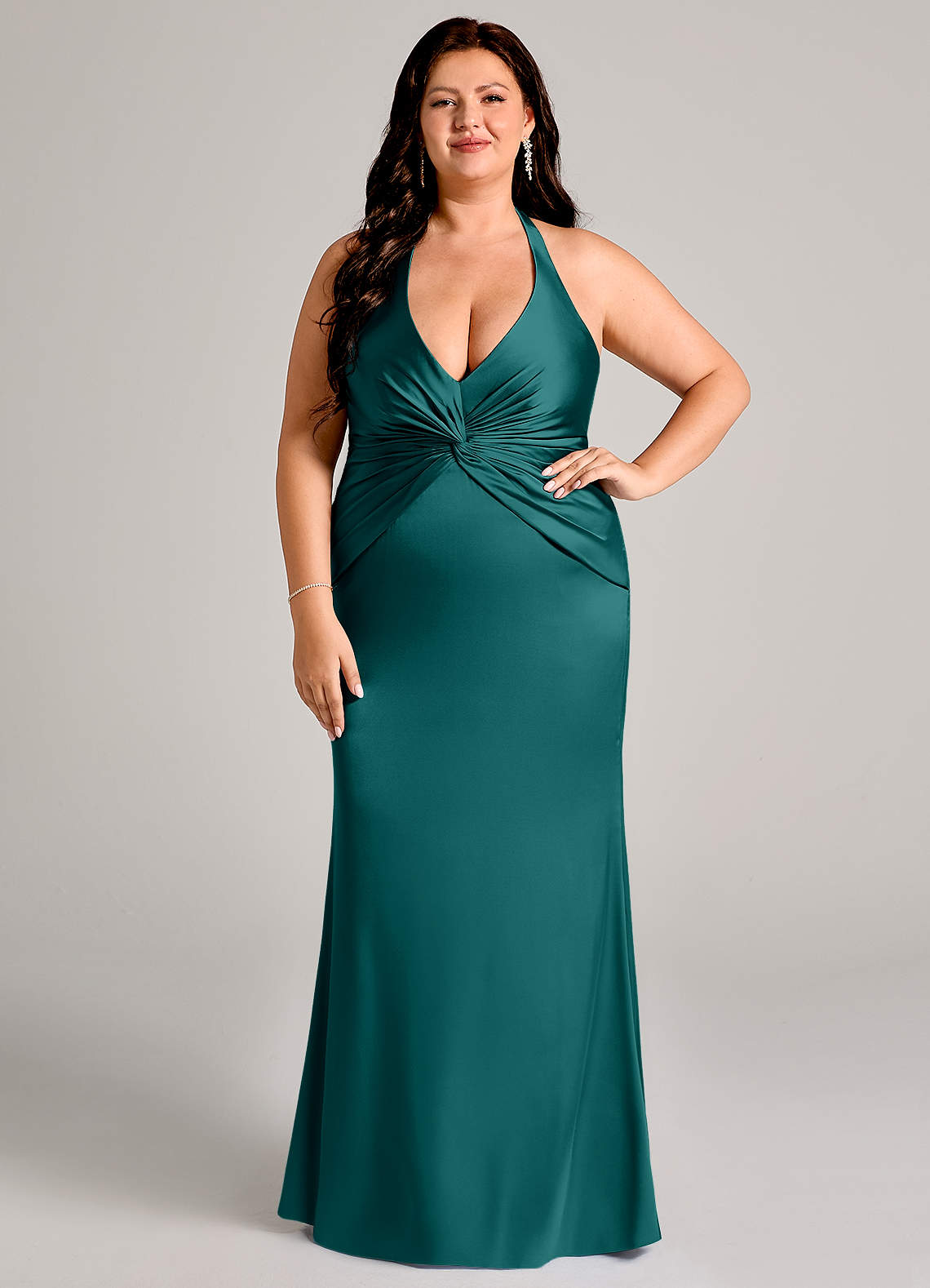 Valerie Mermaid V-Neck Stretch Satin Bridesmaid Dress in Peacock