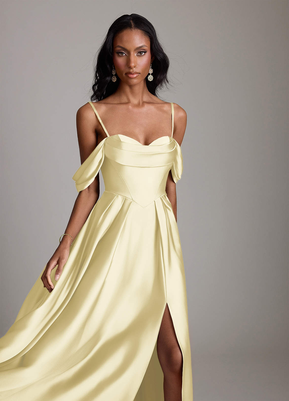 Loisa A-Line Off-the-Shoulder Stretch Satin Bridesmaid Dress in Lemon Sorbet