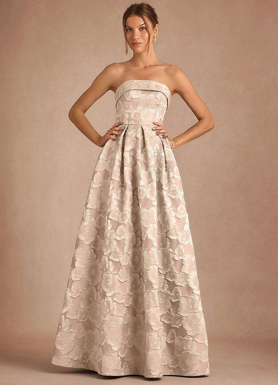 Florentine A-Line Bandeau Jacquard Taffeta Evening Dress in Vintage Blush