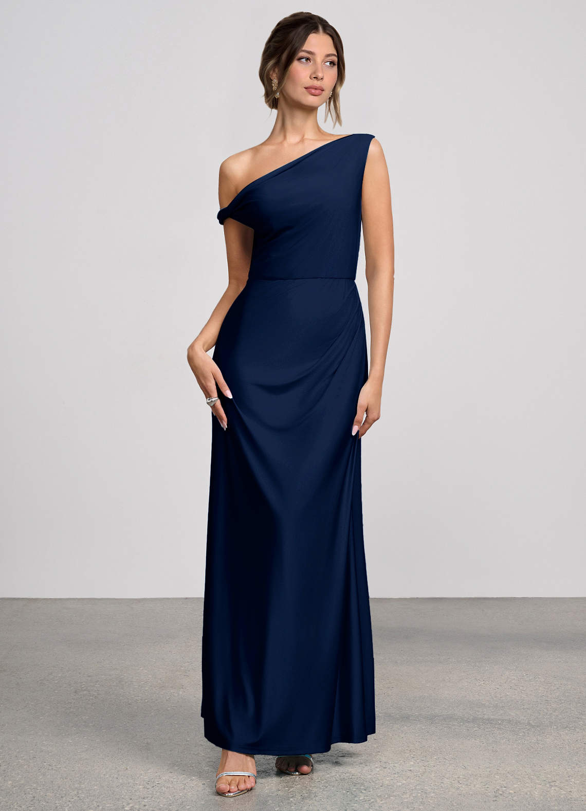 Elowen Mermaid One-Shoulder Glossy Knit Evening Dress in Navy