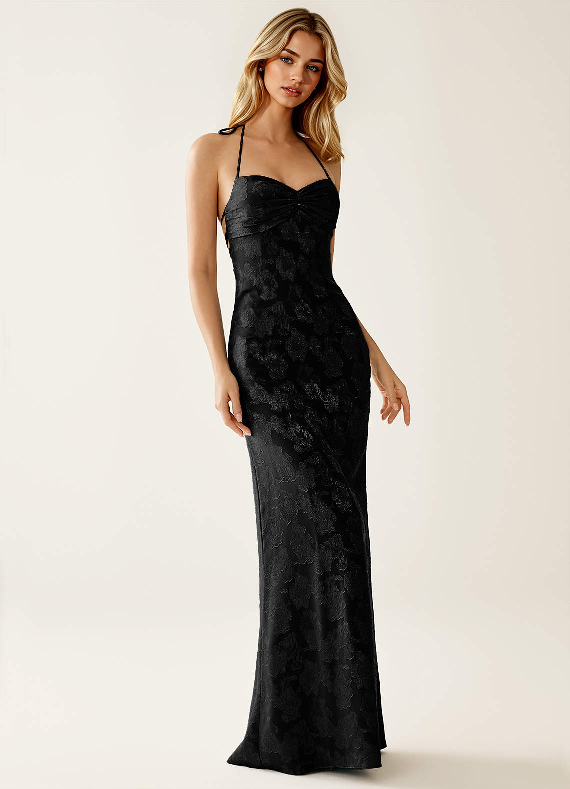 Angena Sheath Halter Floral Burnout Evening Dress in Lemon Sorbet