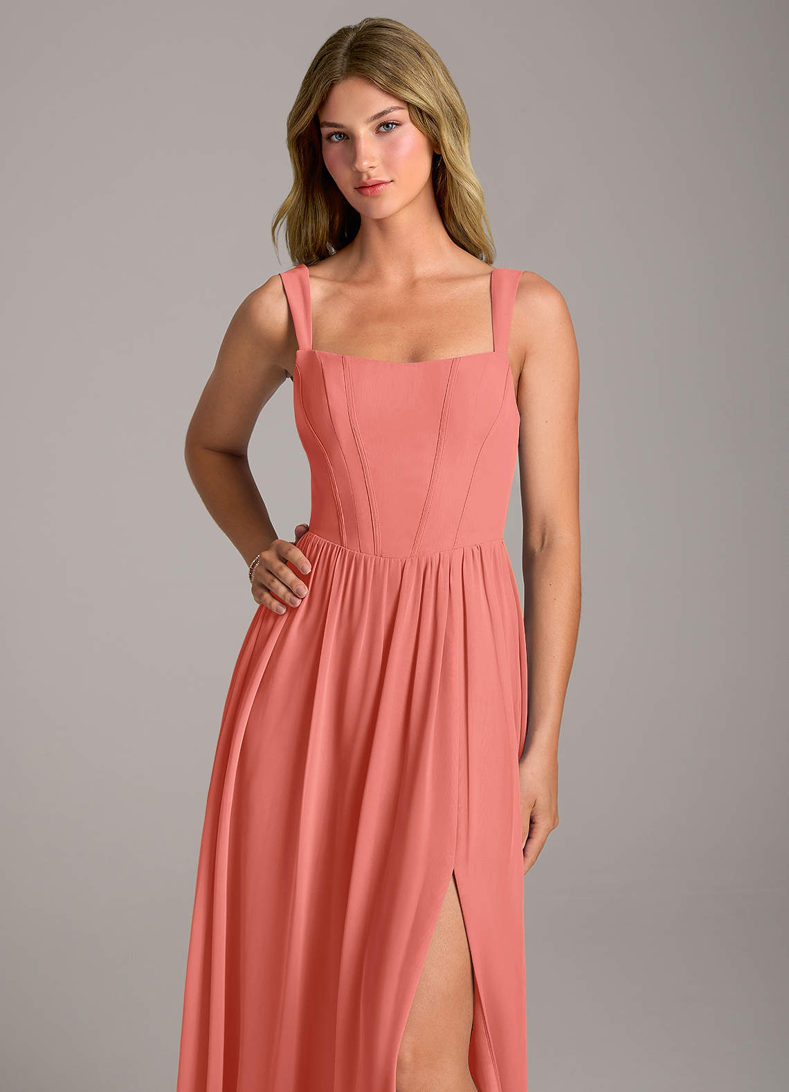 Rosaline A-Line Square-Neck Chiffon Bridesmaid Dress in Salmon Pink