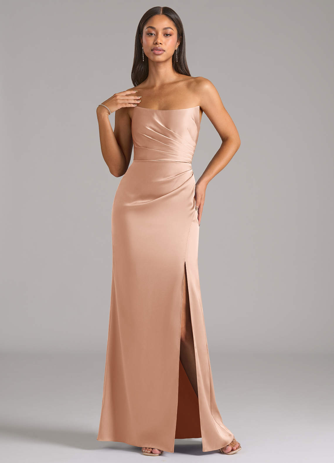 Marla Sheath Strapless Stretch Satin Bridesmaid Dress in rose gold