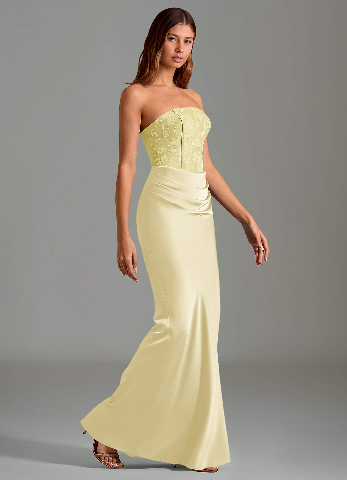 Emilia Mermaid Strapless Stretch Satin and Floral Burnout Bridesmaid Dress in Lemon Sorbet