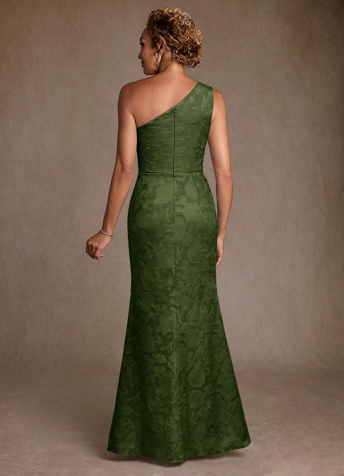 Joylin Trumpet One-Shoulder Floral Burnout Mother of the Bride Dress in Olive