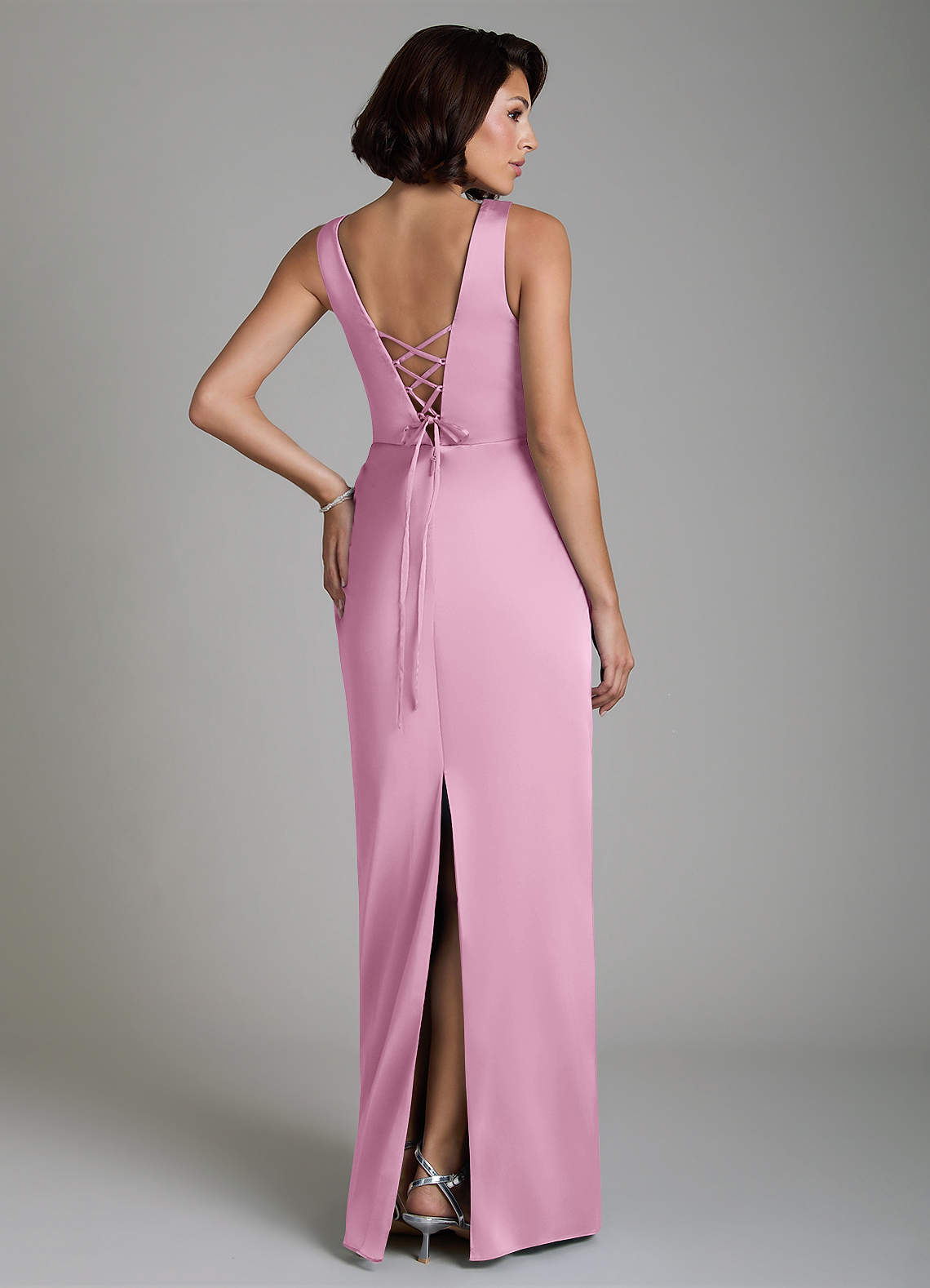 Vanya Sheath V-Neck Stretch Satin Bridesmaid Dress in candy pink