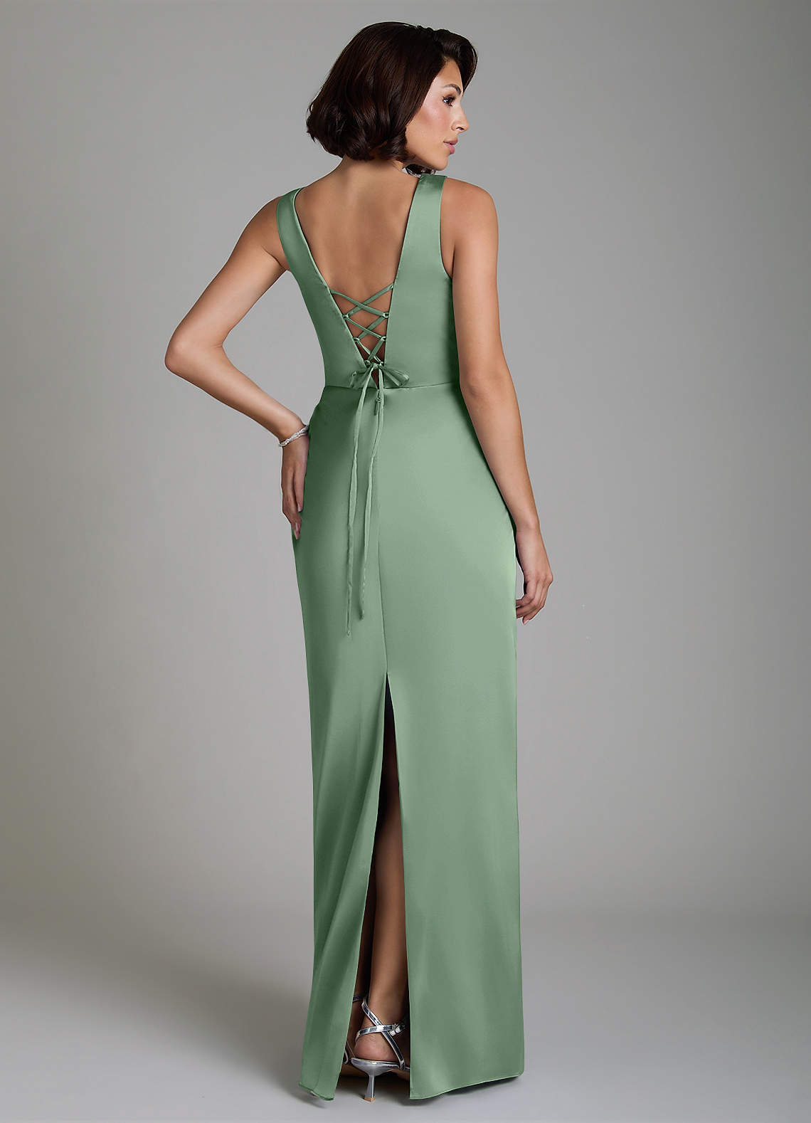 Vanya Sheath V-Neck Stretch Satin Bridesmaid Dress in Matcha