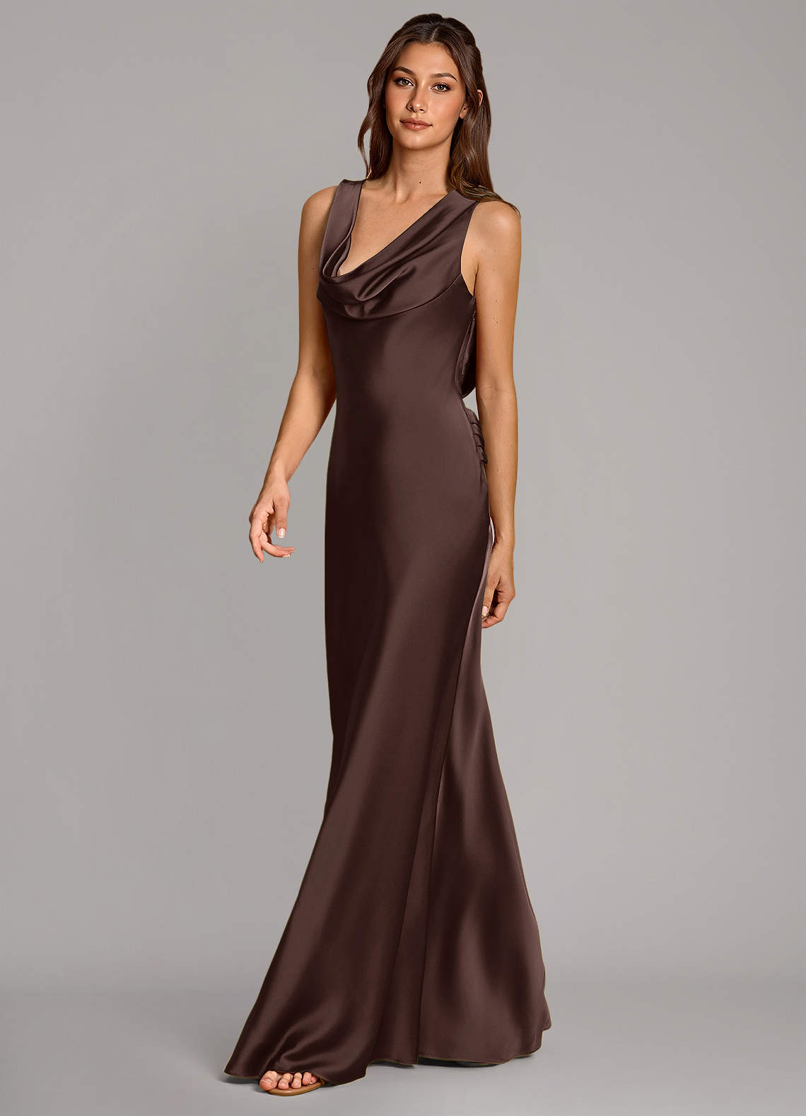 Cheryl Mermaid Cowl-Neck Stretch Satin Bridesmaid Dress in Ganache