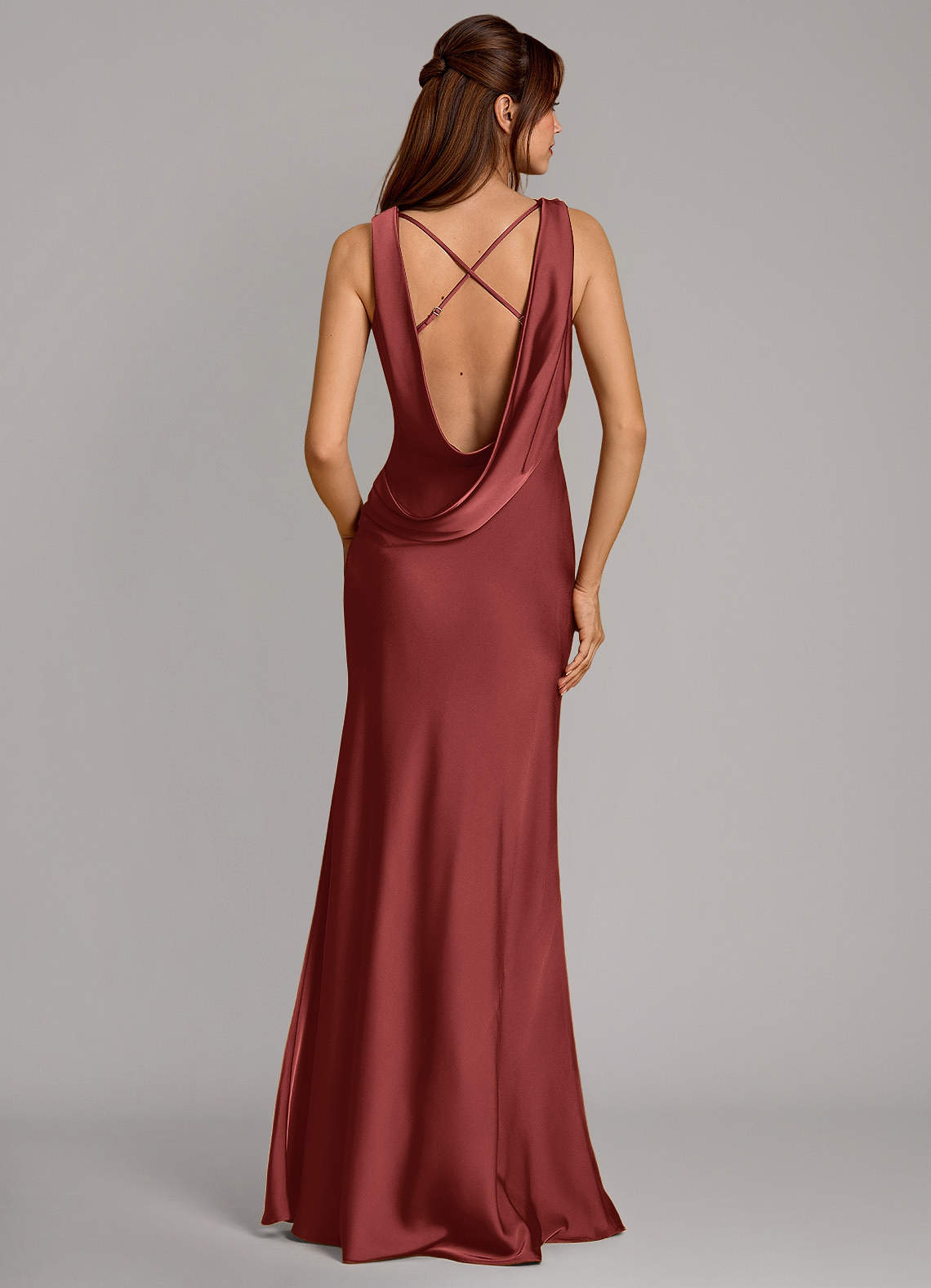 Cheryl Mermaid Cowl-Neck Stretch Satin Bridesmaid Dress in Terracotta