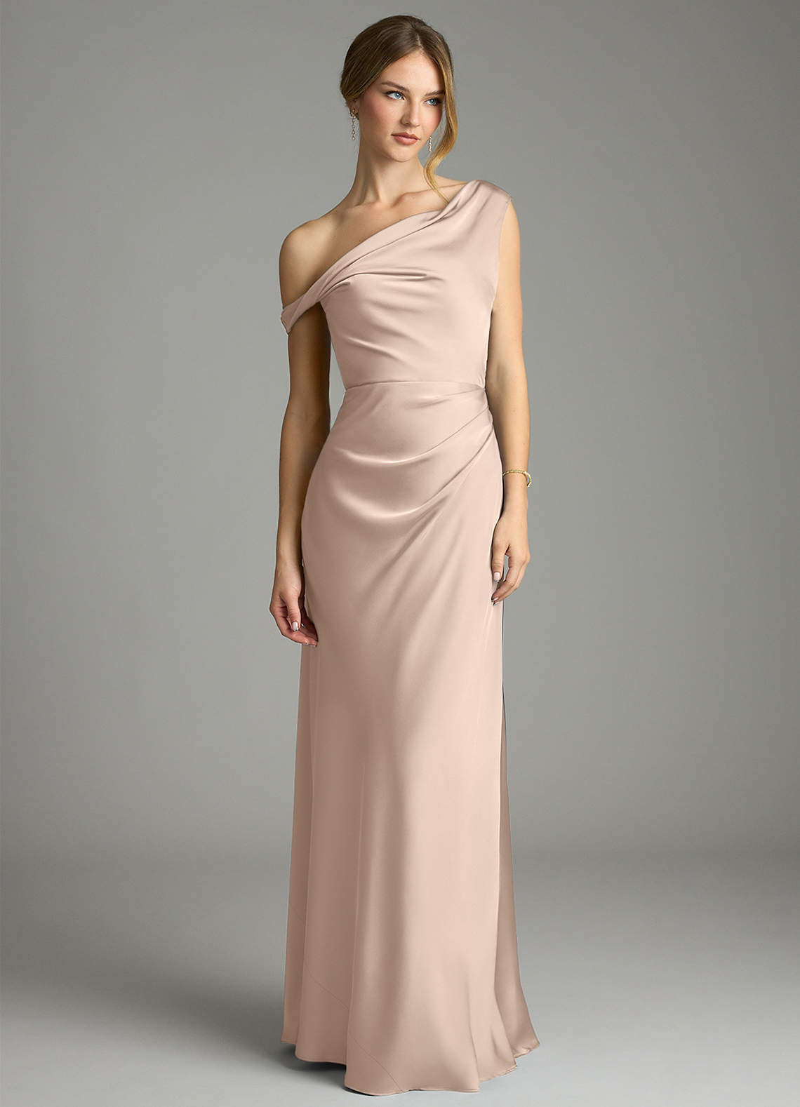 Emerson Mermaid One-Shoulder Stretch Satin Bridesmaid Dress in English Rose