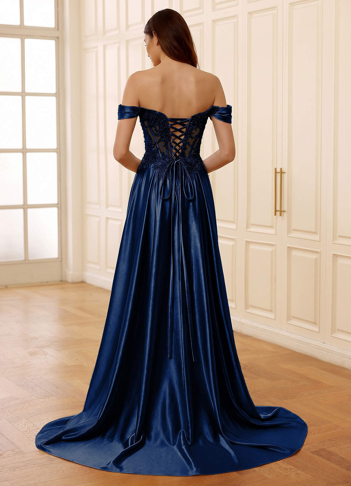 Rowane A-Line Off-the-Shoulder Satin Evening Dress in Neptune