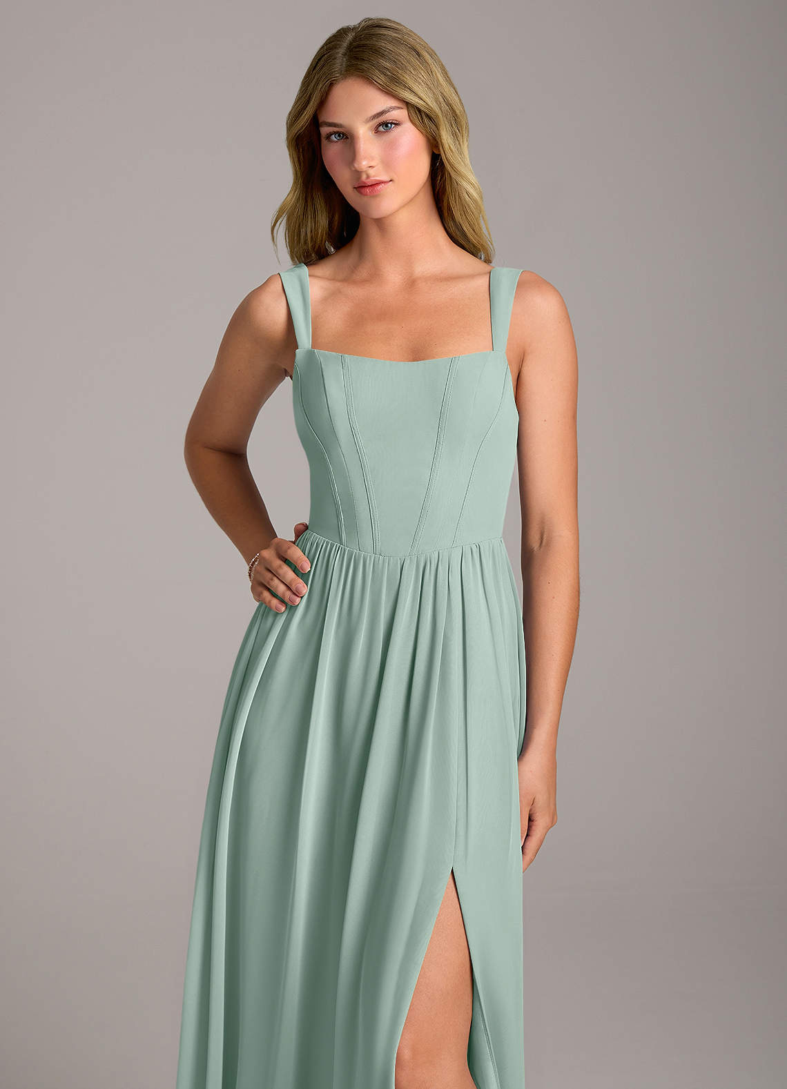 Rosaline A-Line Square-Neck Chiffon Bridesmaid Dress in Agave