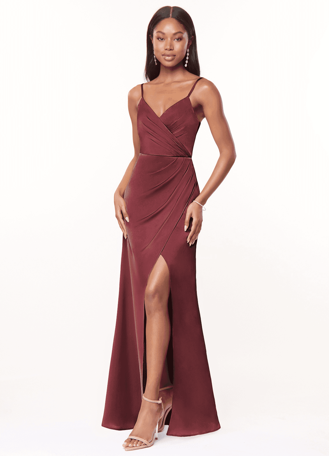 Maci A-Line V-Neck Stretch Satin Bridesmaid Dress in Merlot