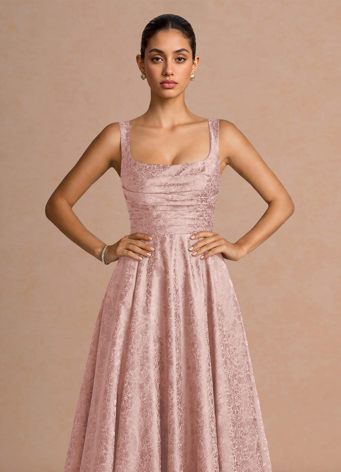 Elowena A-Line Square-Neck Satin Jacquard Evening Dress in Light Pink