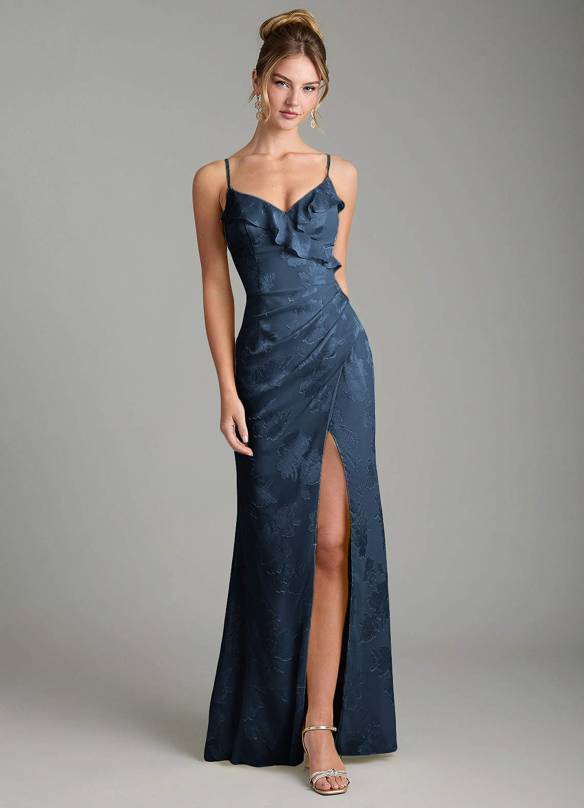 Larsa Mermaid V-Neck Jacquard Bridesmaid Dress in Dark Navy