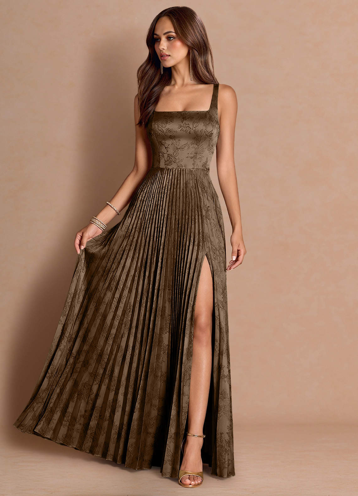 Tatiana A-Line Square-Neck Jacquard Wedding Guest Dress in Coffee Brown