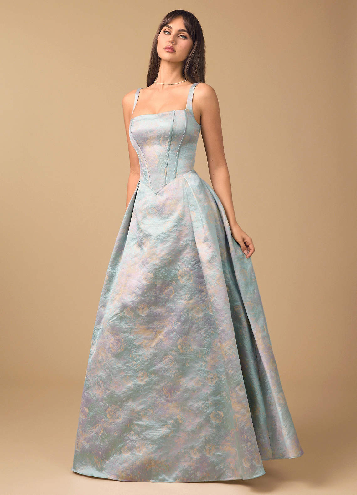 Bryn A-Line Straight-Neck Brocade Evening Dress in Powder Sky