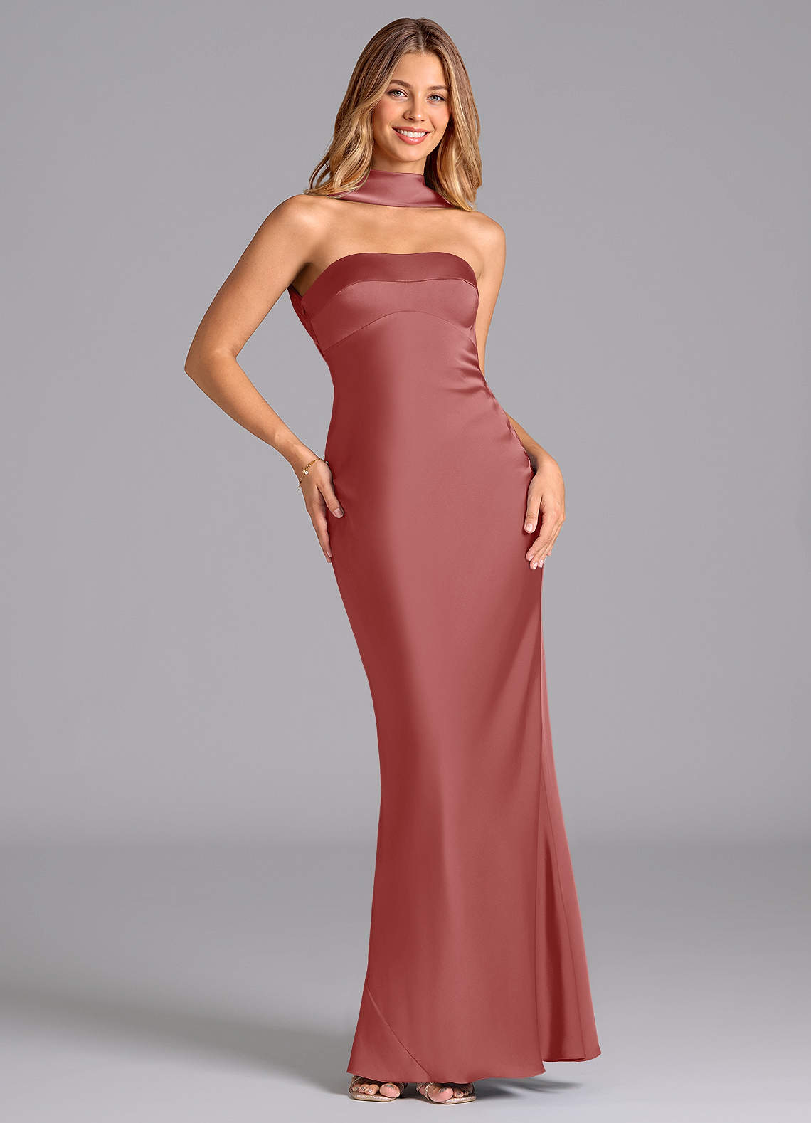 Lusinda Mermaid Strapless Stretch Satin Bridesmaid Dress in Antique Rose