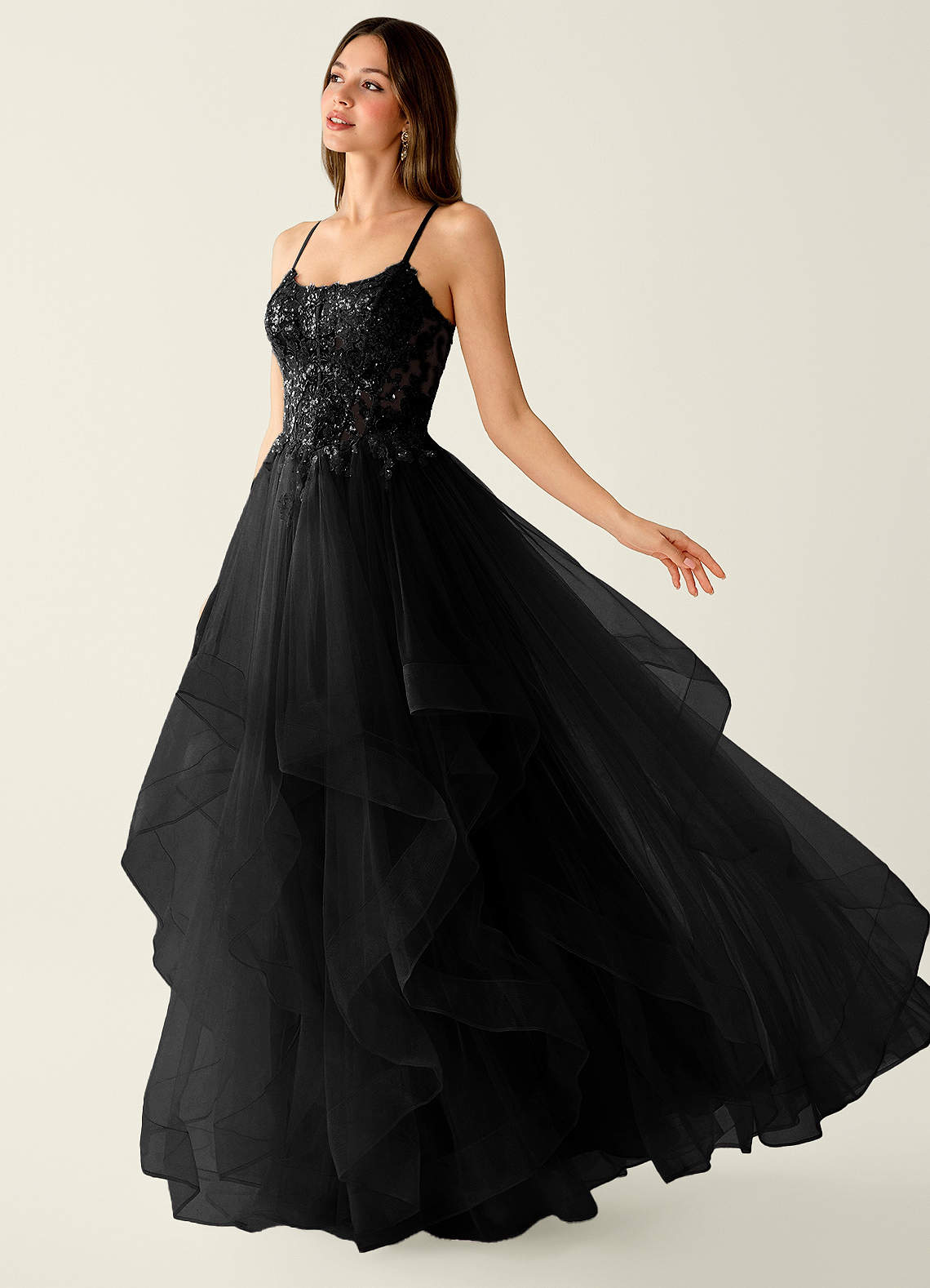 Mosaic A-Line V-Neck Tulle Evening Dress in black