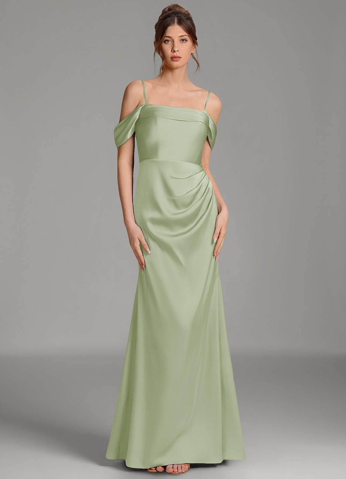 Wyatt Mermaid Off-the-Shoulder Stretch Satin Bridesmaid Dress in Dusty Sage