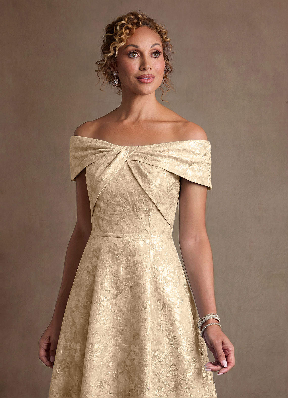 Harriett A-Line Off-the-Shoulder Jacquard Mother of the Bride Dress in champagne